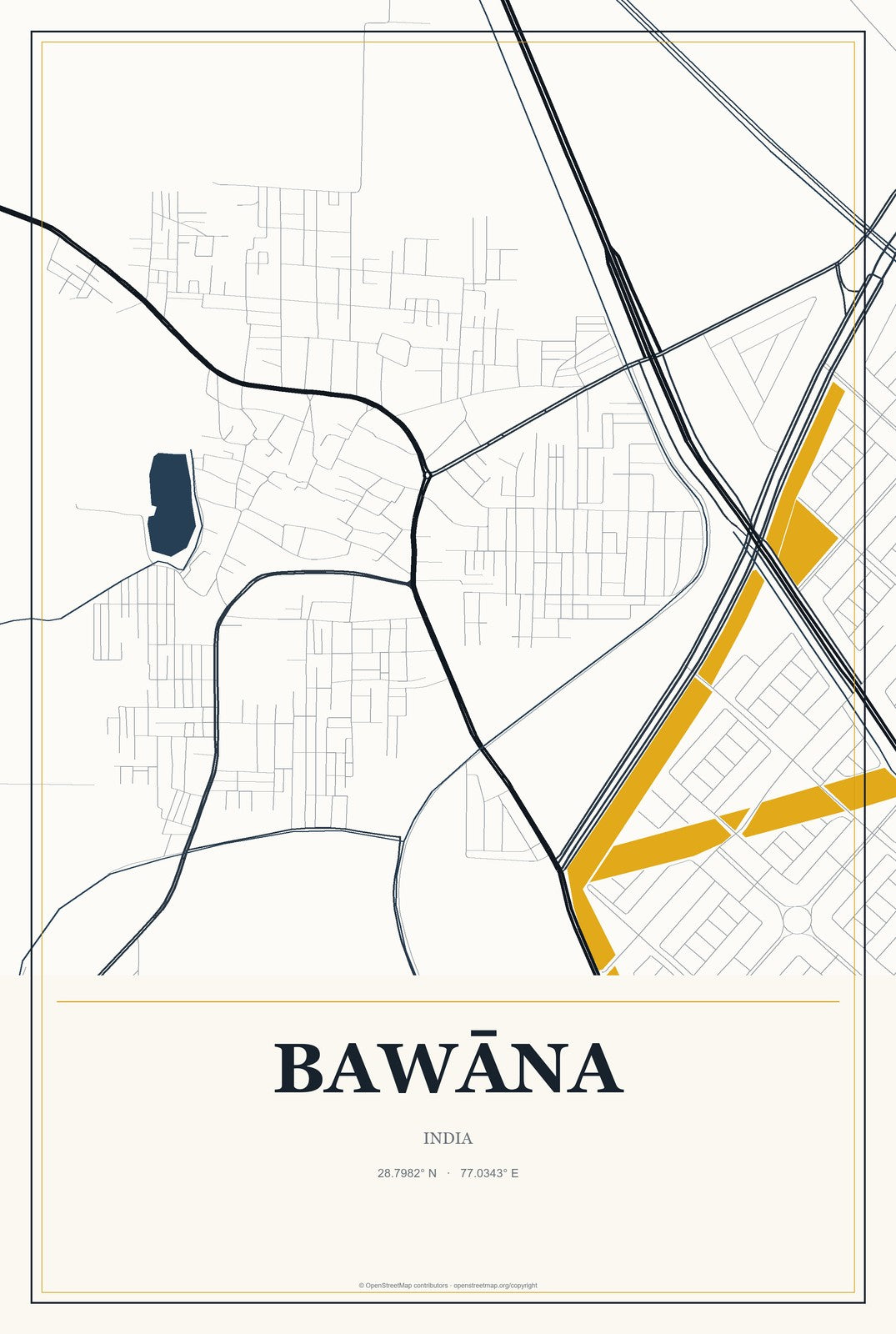 Bawāna, India City Map Aluminum Sign in Citrine Modern style