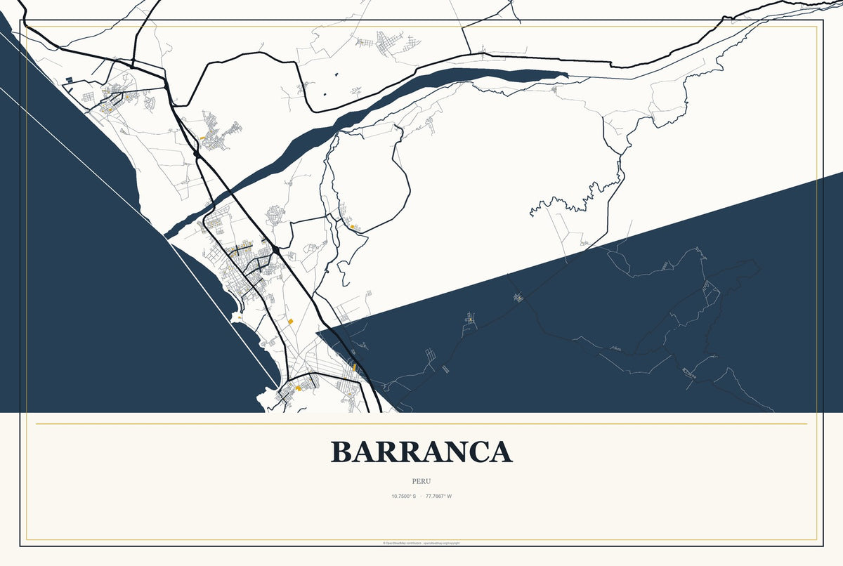 Barranca, Peru City Map Aluminum Sign in Citrine Modern style