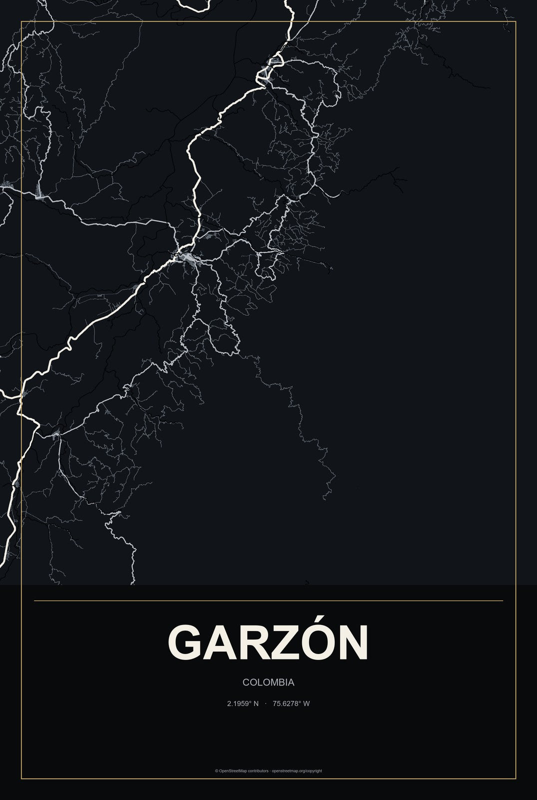Garzón, Colombia City Map Aluminum Sign in Metropolitan Noir style