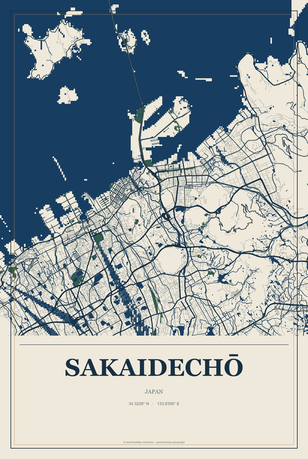 Sakaidechō, Japan City Map Aluminum Sign in Coastal Cutout style