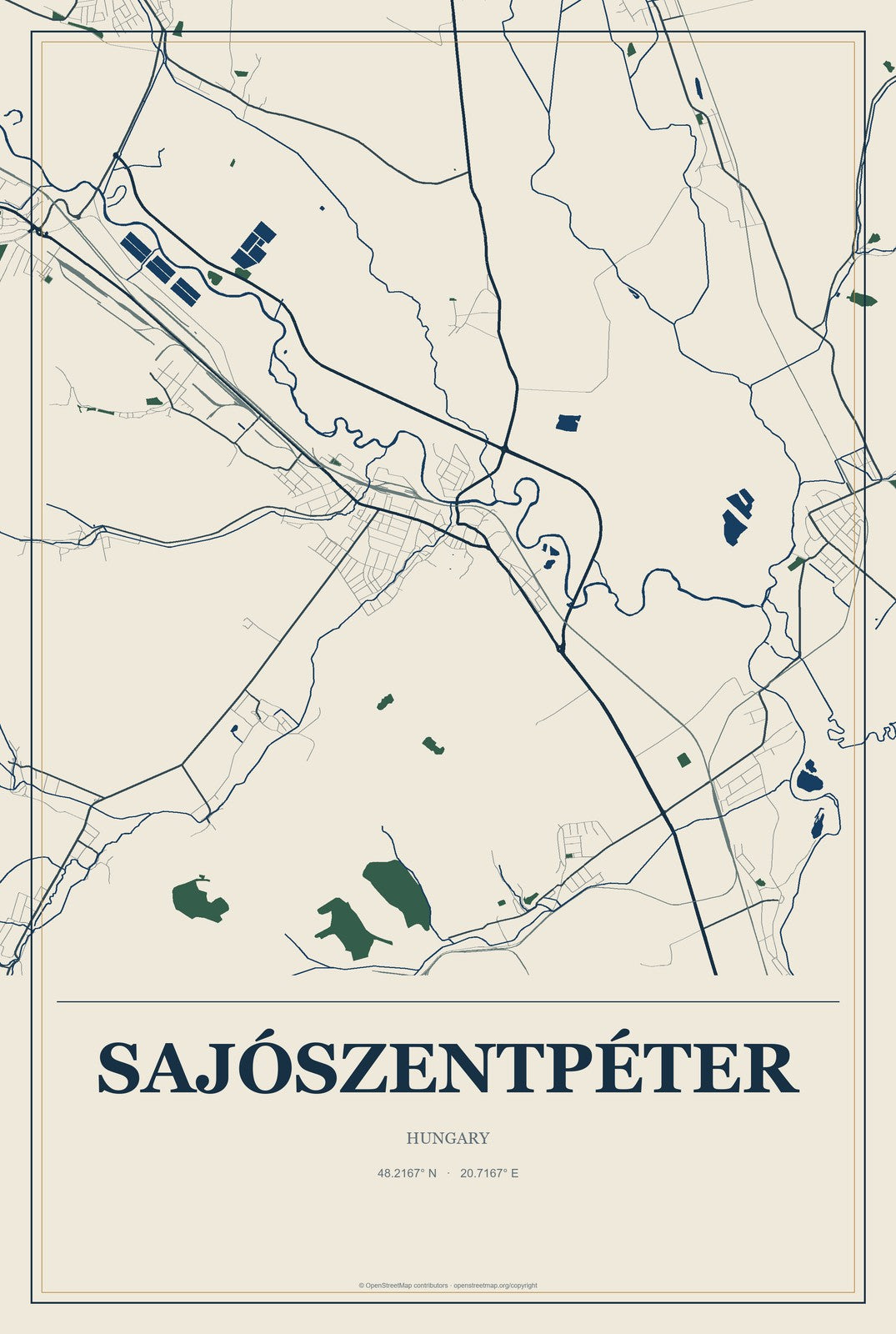 Sajószentpéter, Hungary City Map Aluminum Sign in Coastal Cutout style