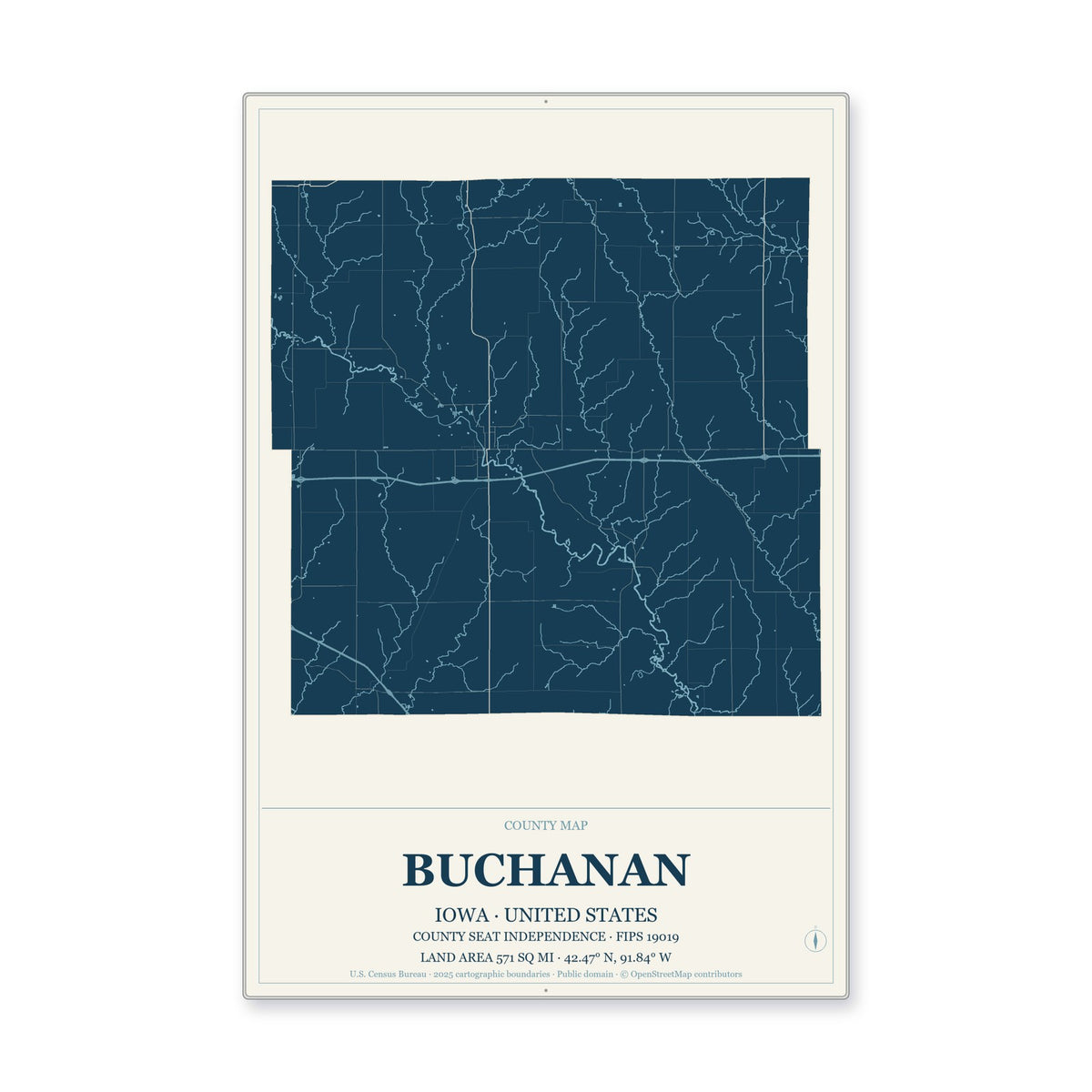 Buchanan County, Iowa Map Aluminum Sign in Coastal Cutout style