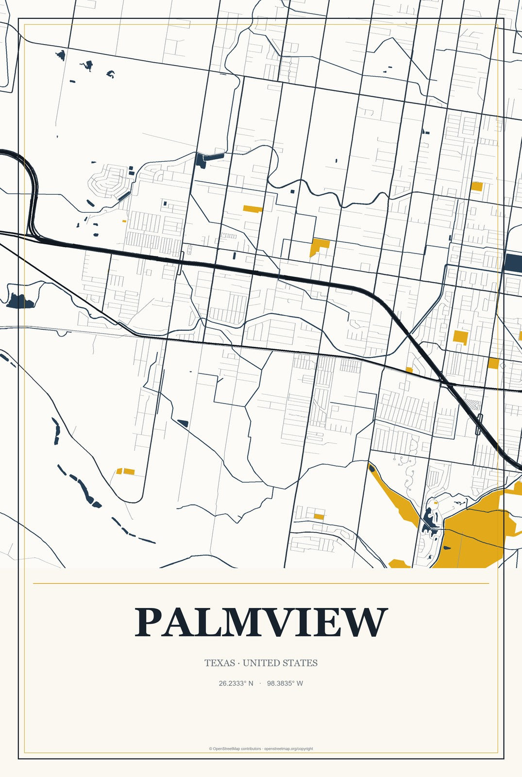 Palmview, Texas City Map Aluminum Sign in Citrine Modern style