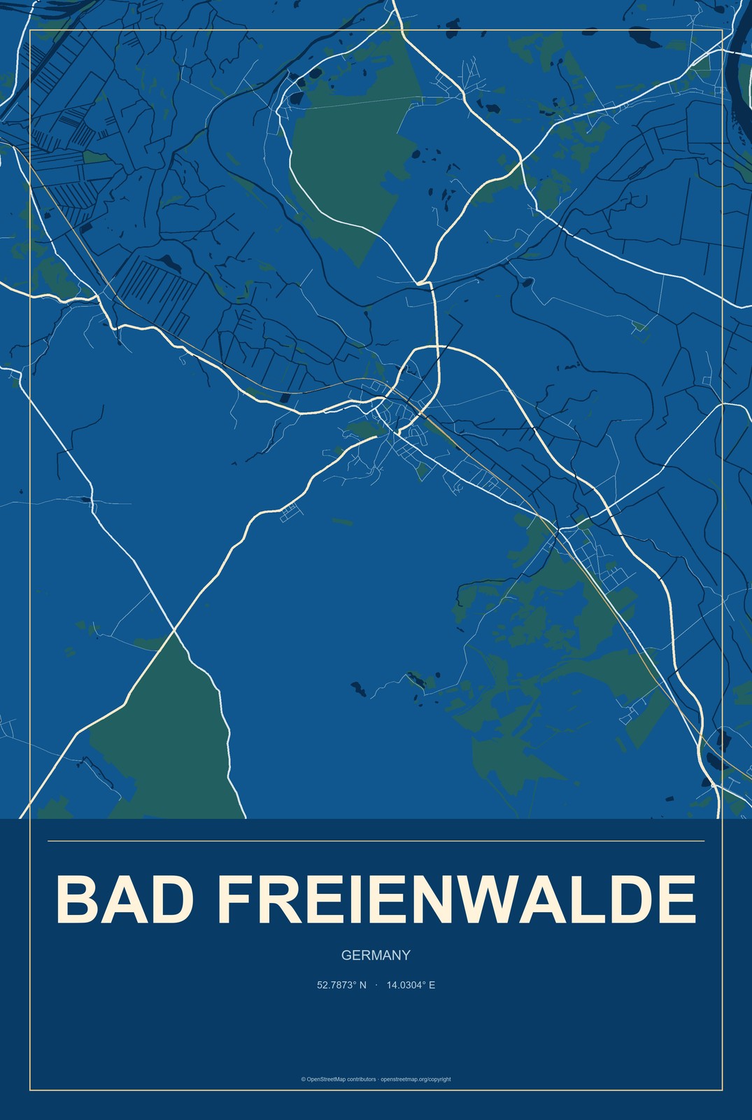 Bad Freienwalde, Germany City Map Aluminum Sign in Harbor Cobalt style