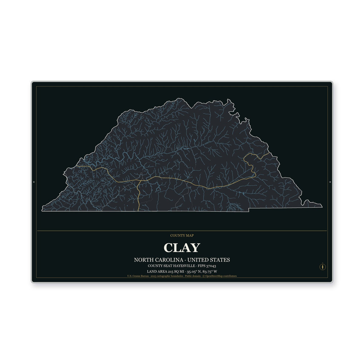 Clay County, North Carolina Map Aluminum Sign in Metropolitan Noir style