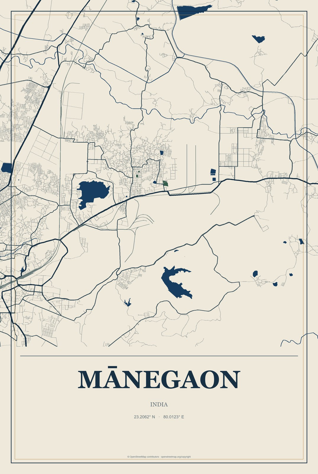 Mānegaon, India City Map Aluminum Sign in Coastal Cutout style