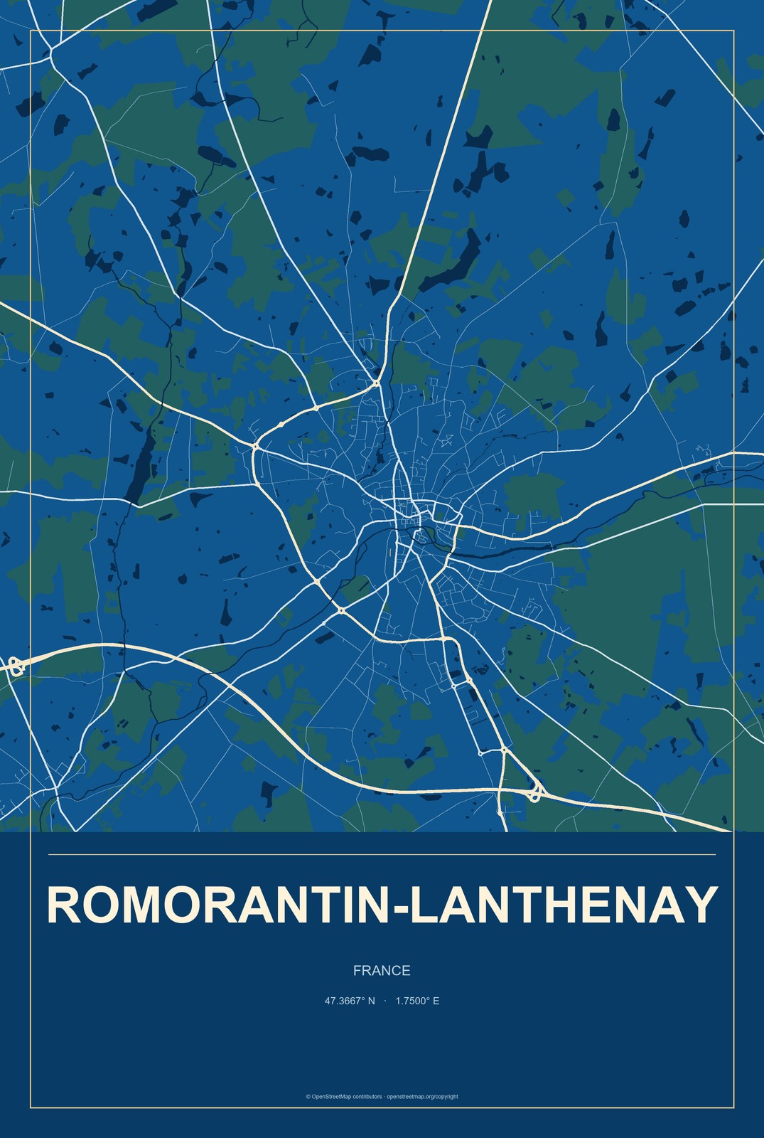 Romorantin-Lanthenay, France City Map Aluminum Sign in Harbor Cobalt style