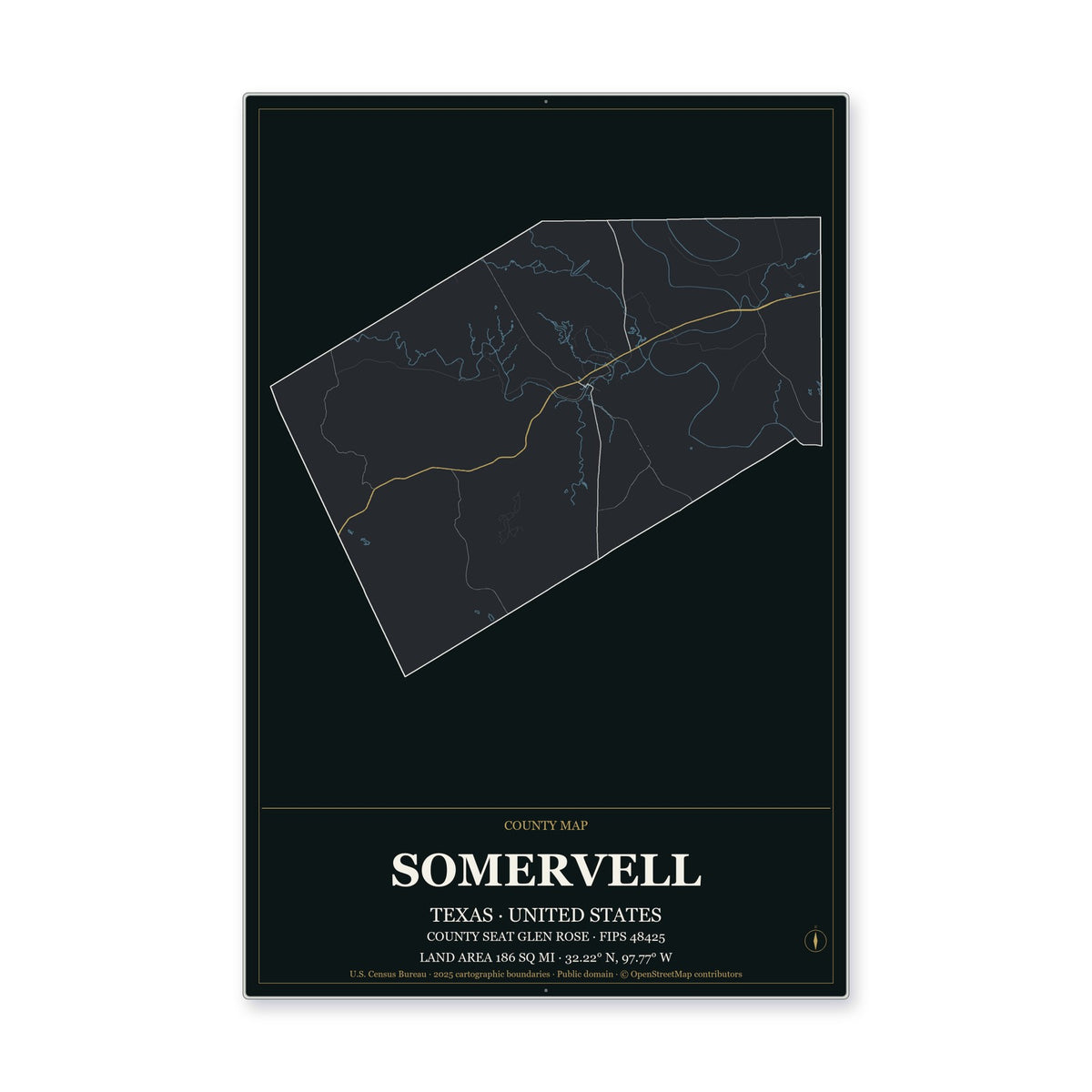 Somervell County, Texas Map Aluminum Sign in Metropolitan Noir style