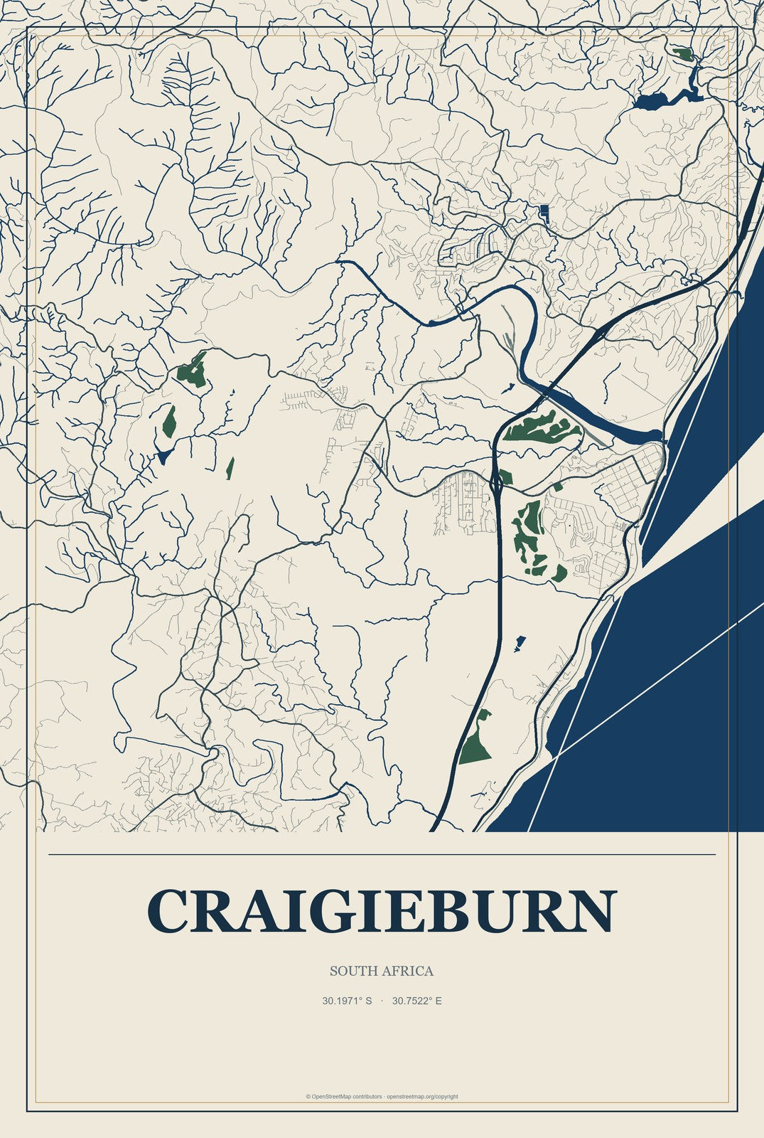 Craigieburn, South Africa City Map Aluminum Sign in Coastal Cutout style
