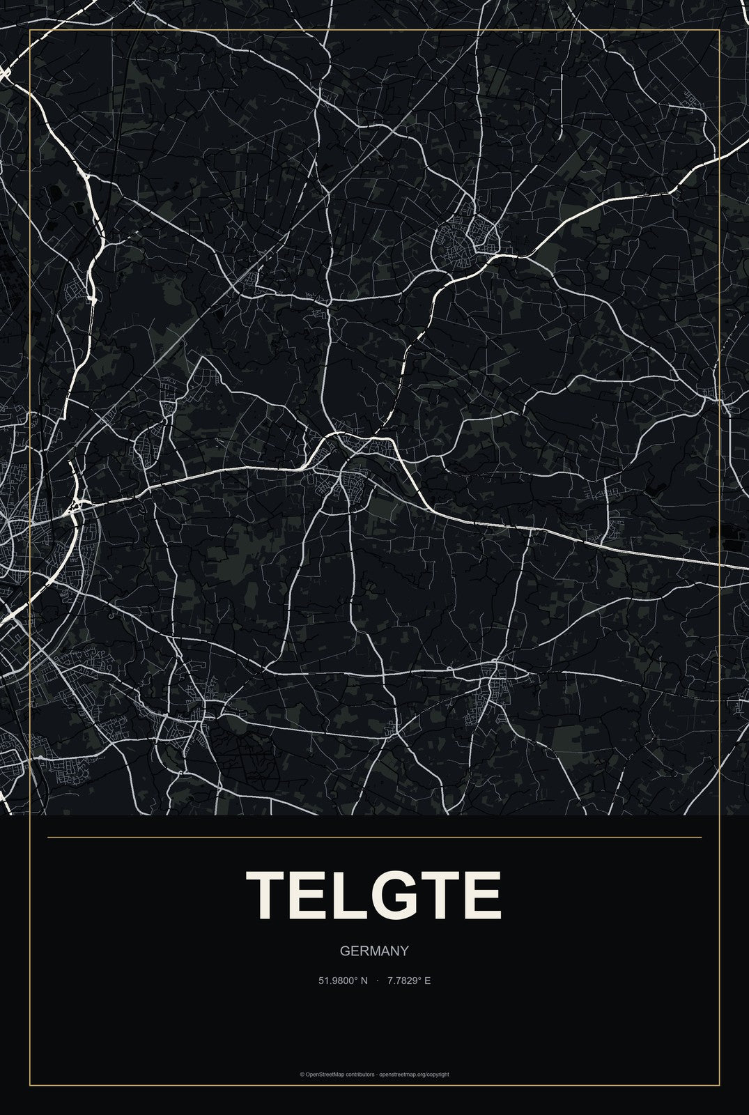 Telgte, Germany City Map Aluminum Sign in Metropolitan Noir style