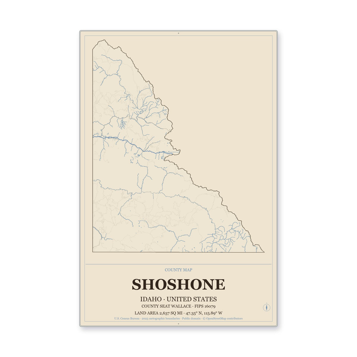 Shoshone County, Idaho Map Aluminum Sign in Heritage Nautical style