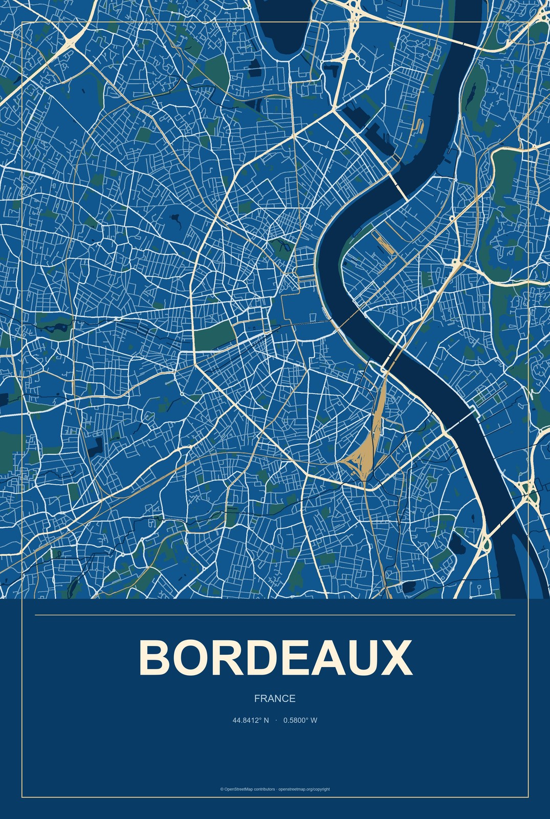 Bordeaux, France City Map Aluminum Sign in Harbor Cobalt style