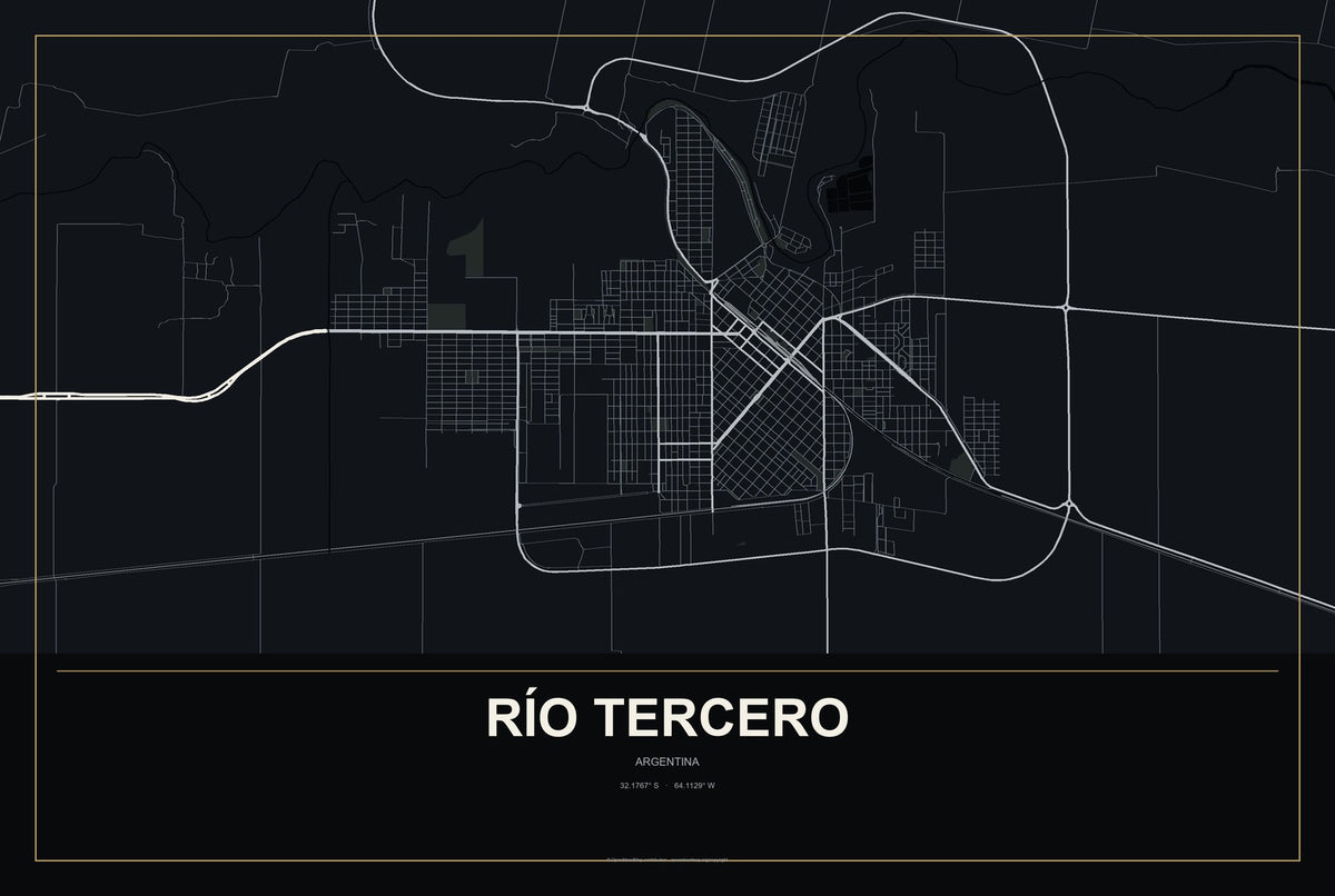 Río Tercero, Argentina City Map Aluminum Sign in Metropolitan Noir style