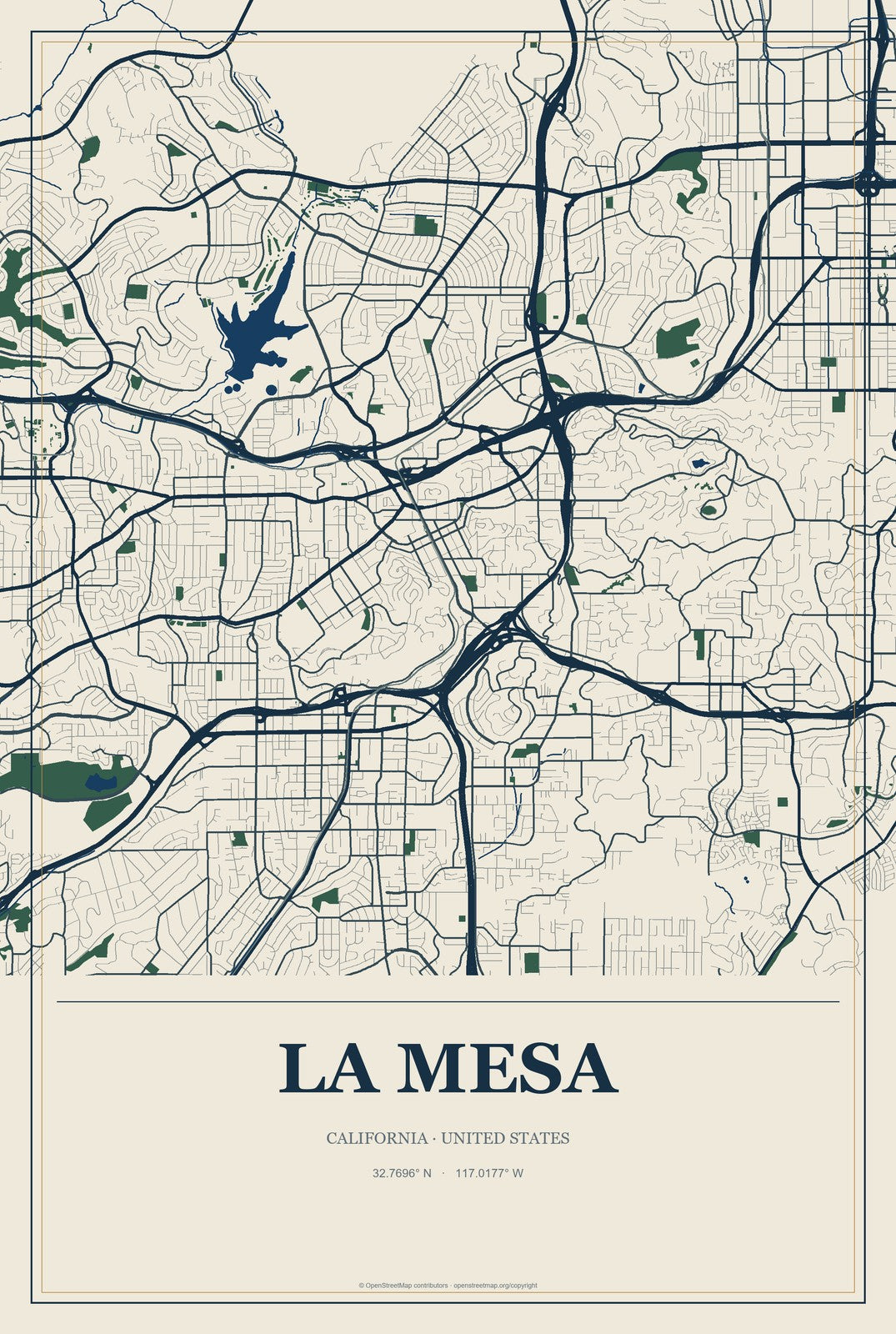 La Mesa, California City Map Aluminum Sign in Coastal Cutout style