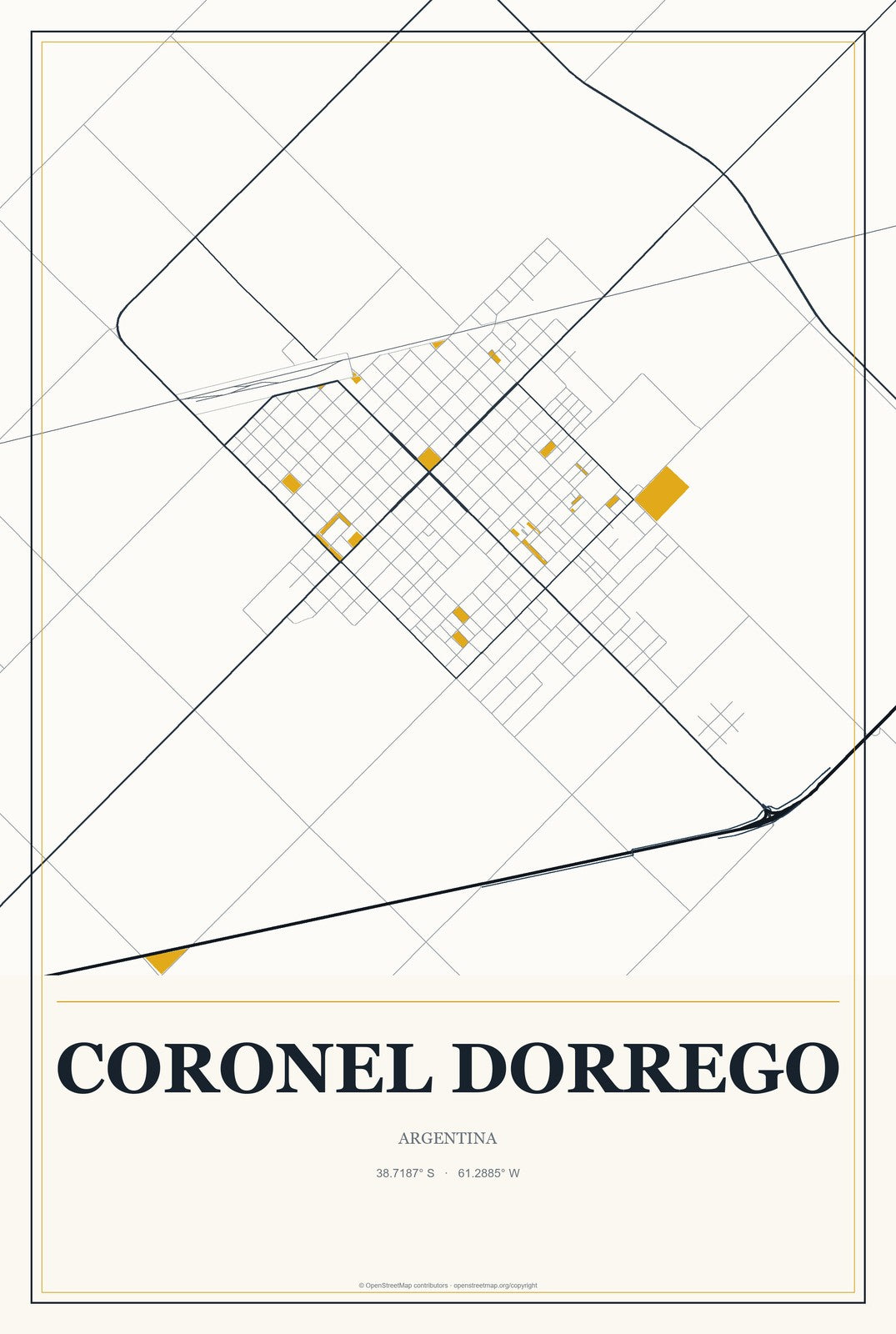 Coronel Dorrego, Argentina City Map Aluminum Sign in Citrine Modern style