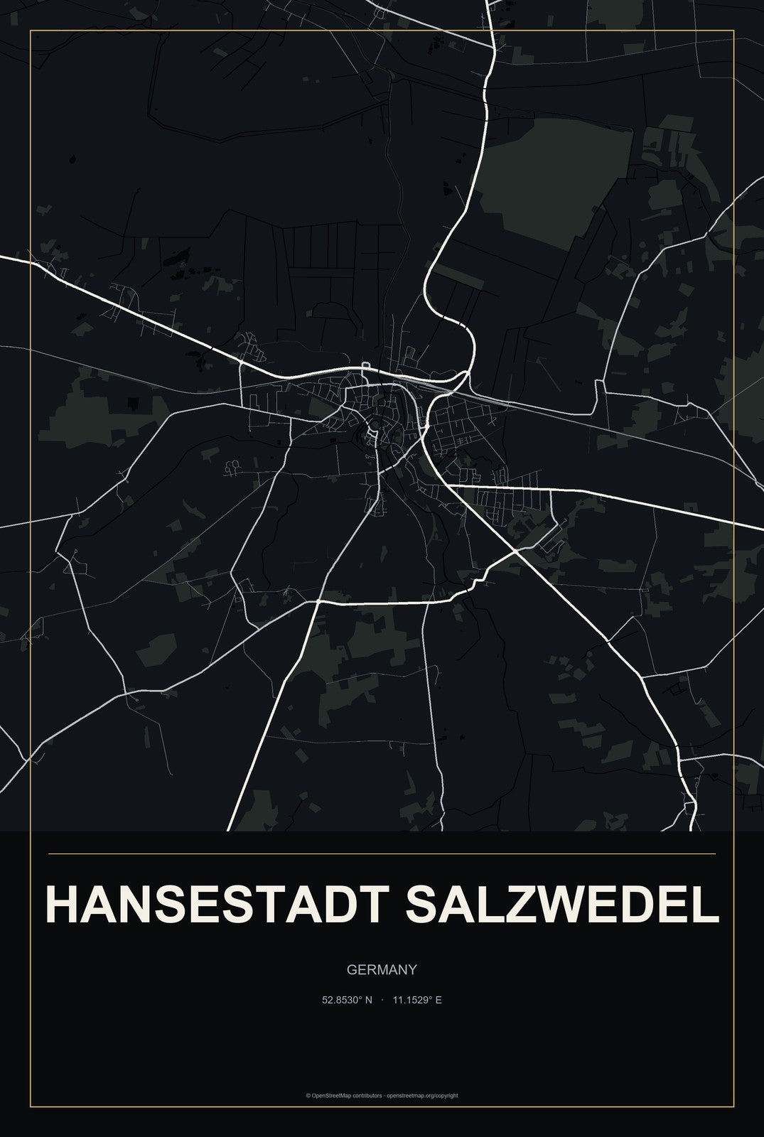 Hansestadt Salzwedel, Germany City Map Aluminum Sign in Metropolitan Noir style