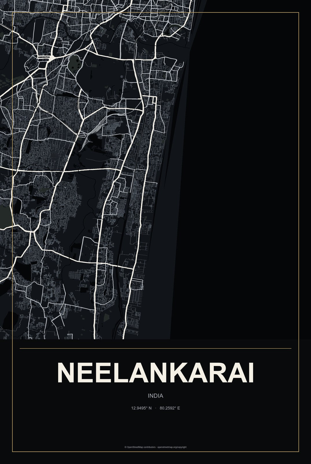 Neelankarai, India City Map Aluminum Sign in Metropolitan Noir style