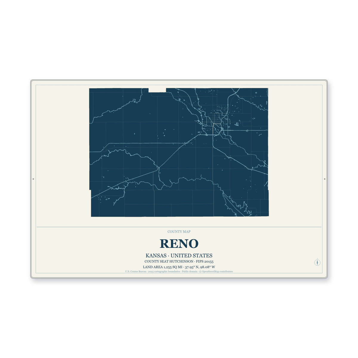 Reno County, Kansas Map Aluminum Sign in Coastal Cutout style