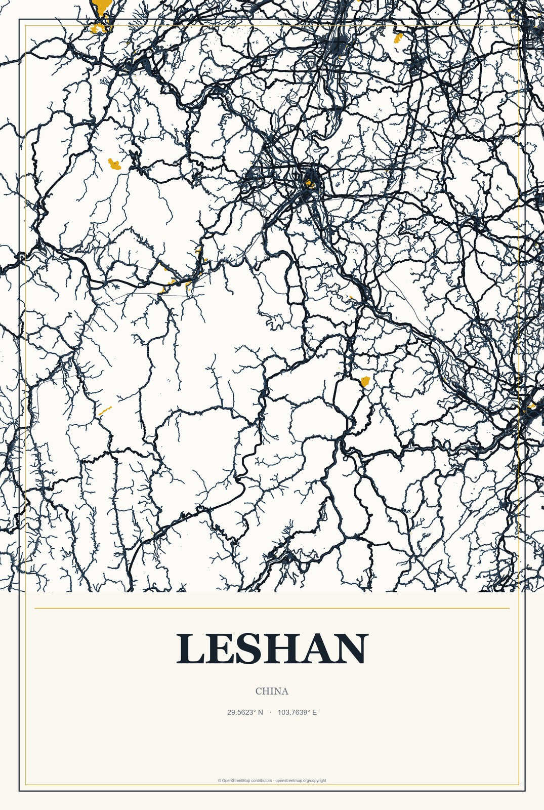 Leshan, China City Map Aluminum Sign in Citrine Modern style