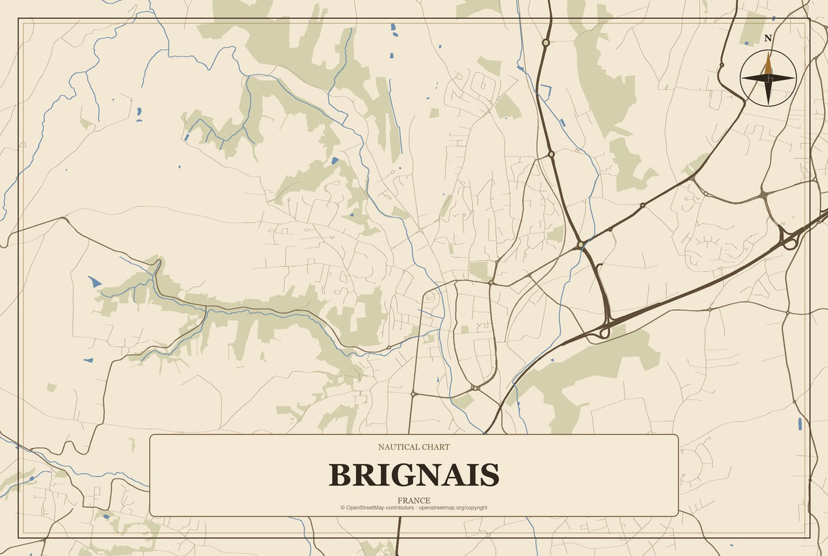 Brignais, France City Map Aluminum Sign in Heritage Nautical style