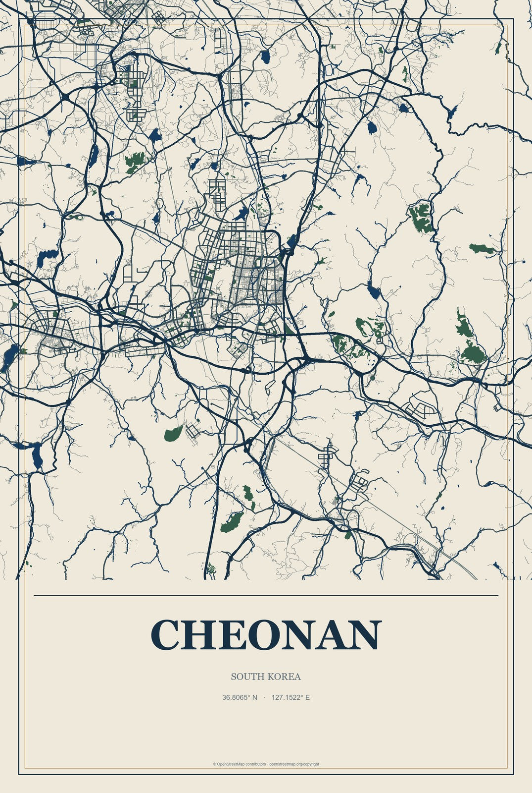 Cheonan, South Korea City Map Aluminum Sign in Coastal Cutout style