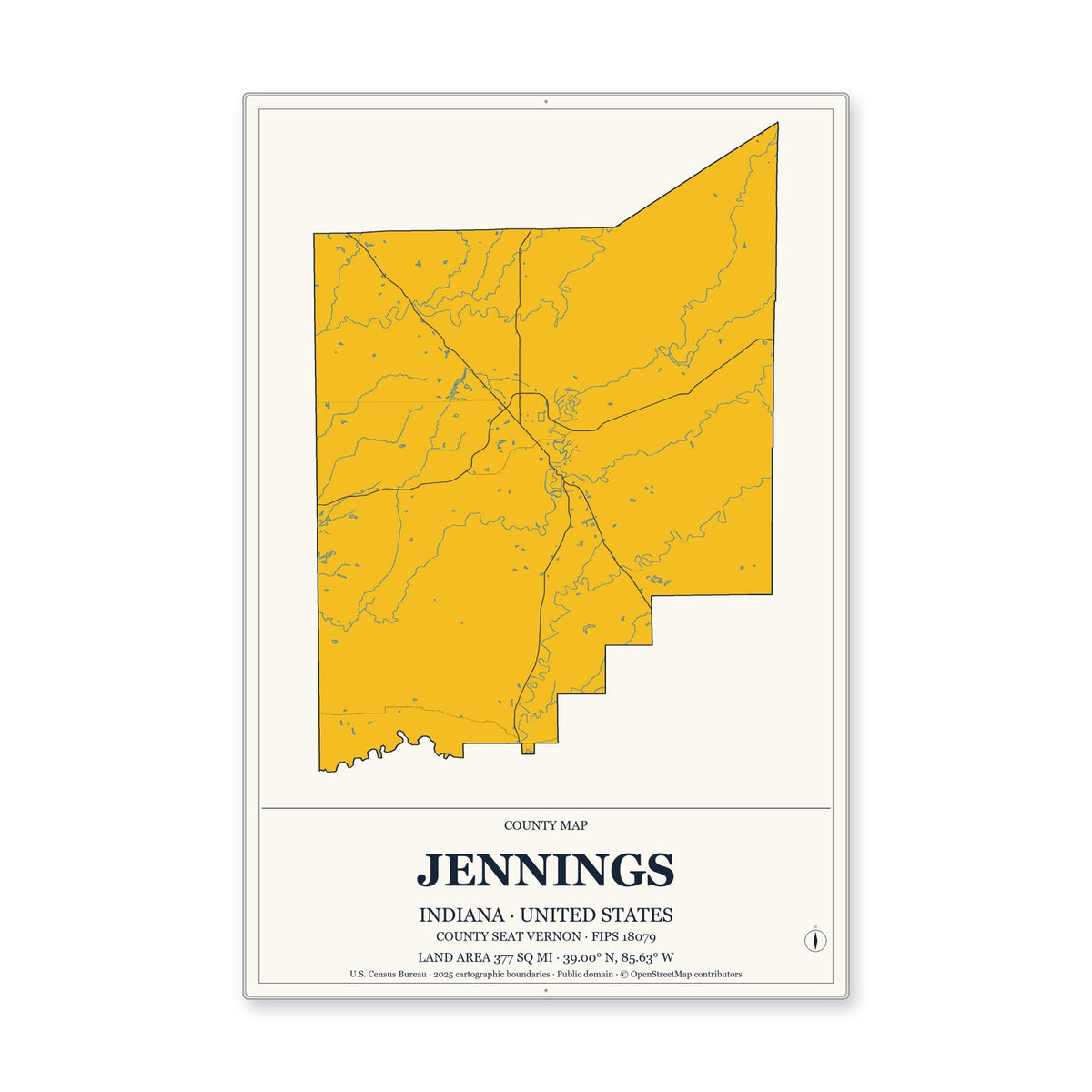 Jennings County, Indiana Map Aluminum Sign in Citrine Modern style