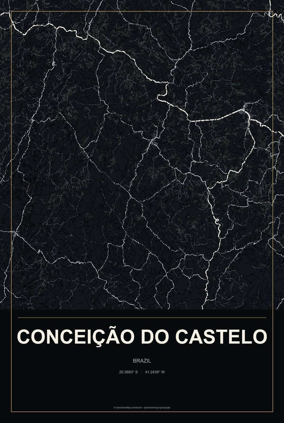 Conceição do Castelo, Brazil City Map Aluminum Sign in Metropolitan Noir style