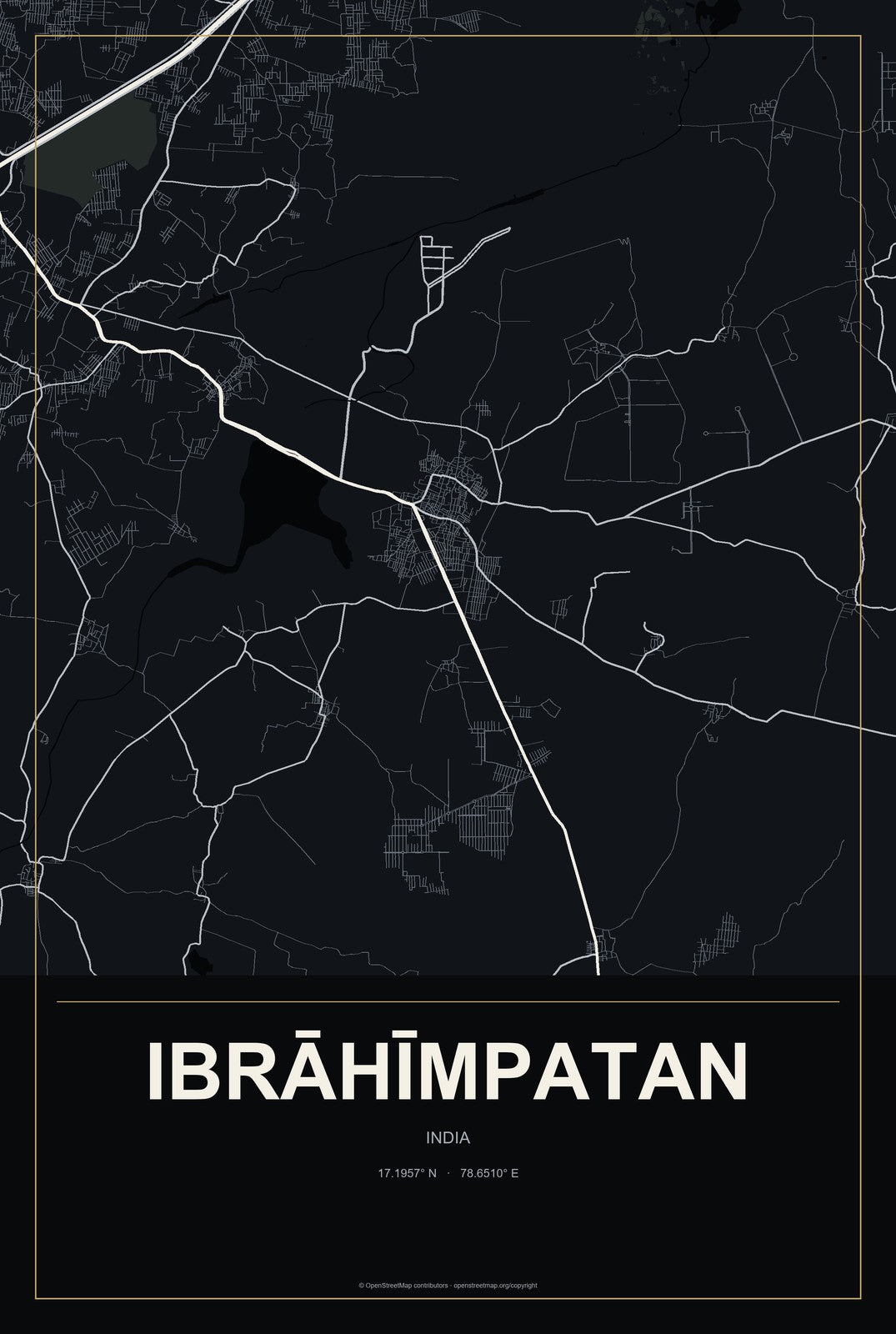 Ibrāhīmpatan, India City Map Aluminum Sign in Metropolitan Noir style
