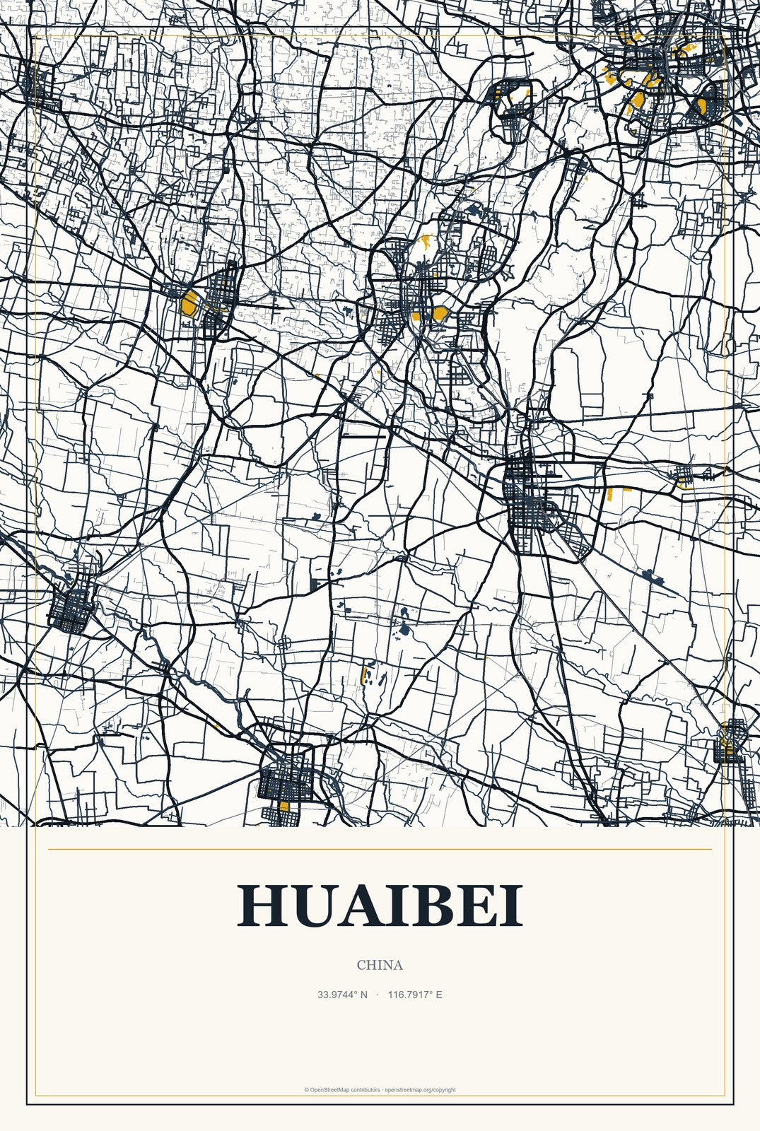 Huaibei, China City Map Aluminum Sign in Citrine Modern style