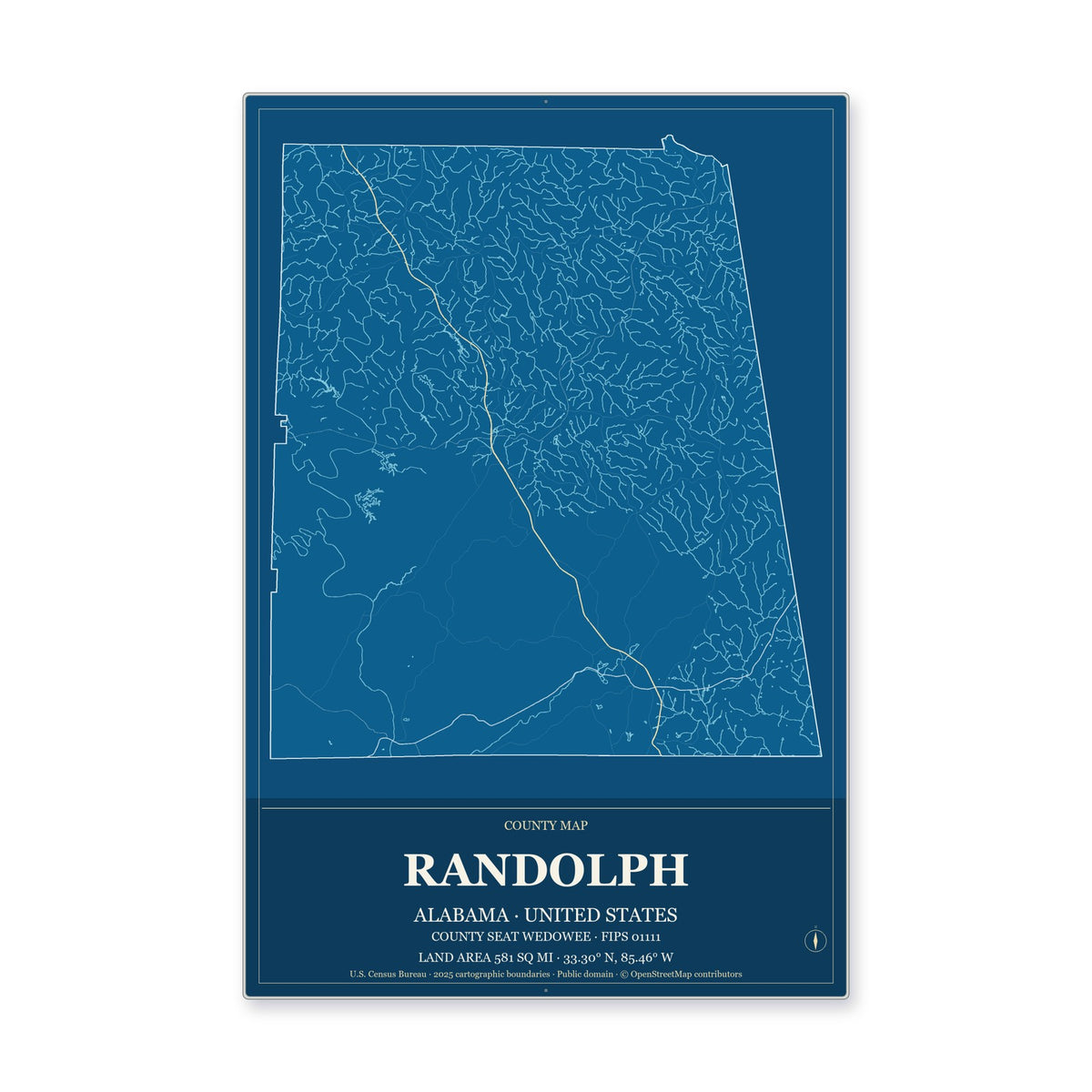 Randolph County, Alabama Map Aluminum Sign in Harbor Cobalt style