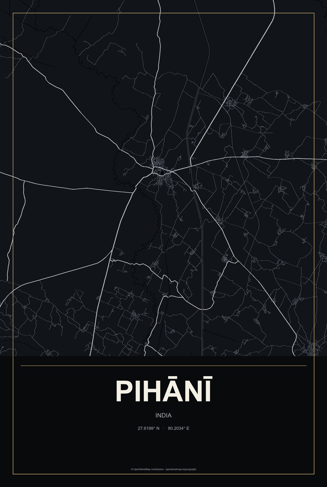 Pihānī, India City Map Aluminum Sign in Metropolitan Noir style