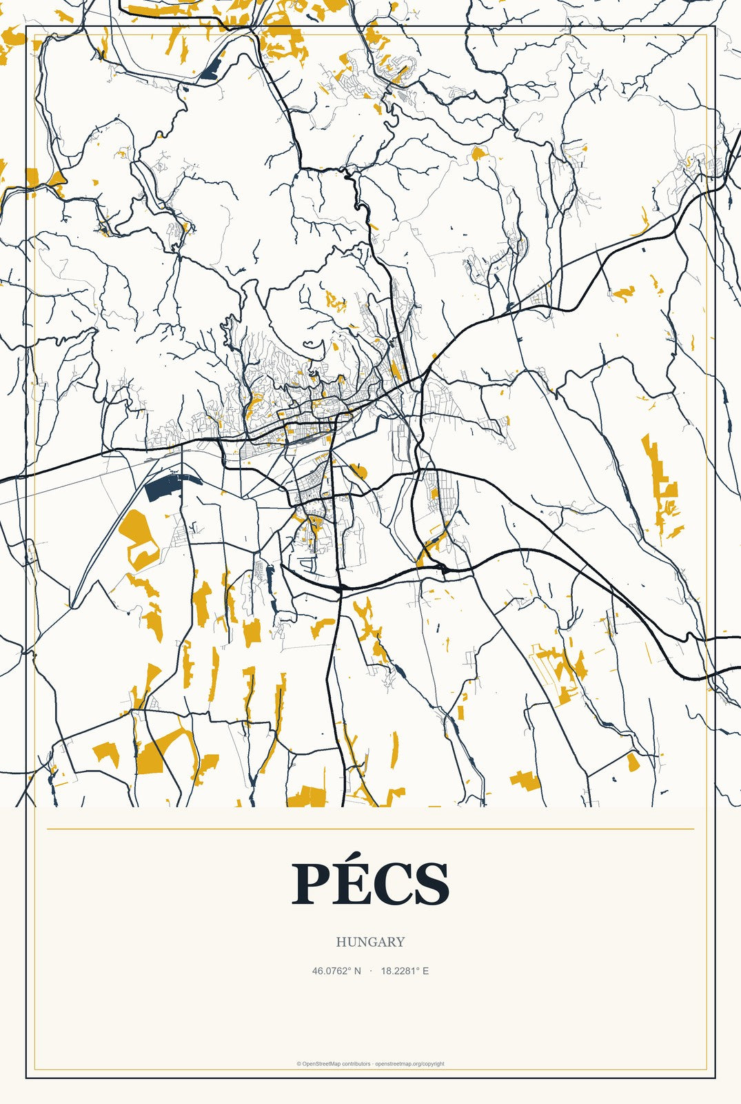Pécs, Hungary City Map Aluminum Sign in Citrine Modern style