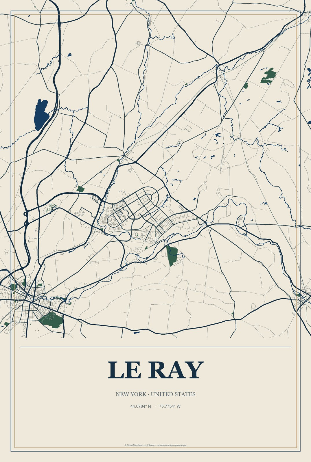 Le Ray, New York City Map Aluminum Sign in Coastal Cutout style
