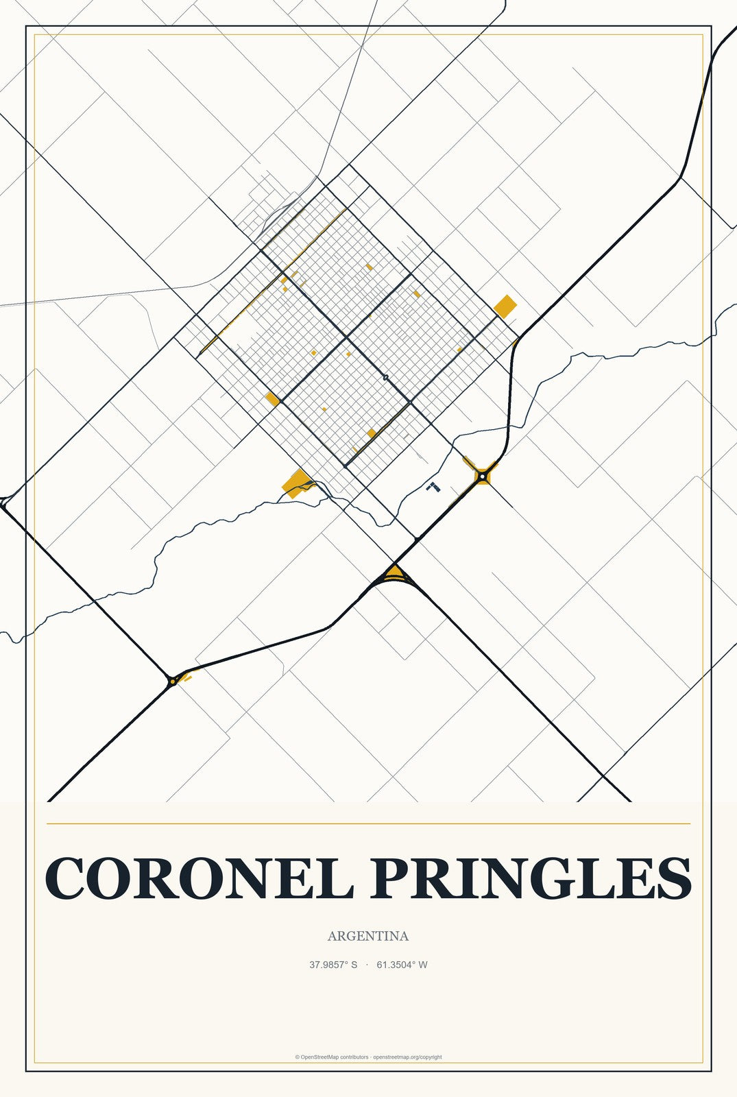 Coronel Pringles, Argentina City Map Aluminum Sign in Citrine Modern style