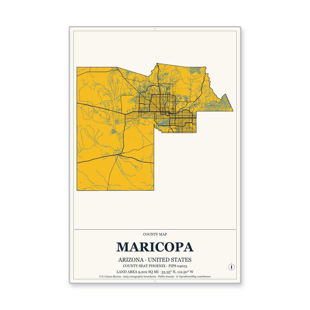 Maricopa County, Arizona Map Aluminum Sign in Citrine Modern style