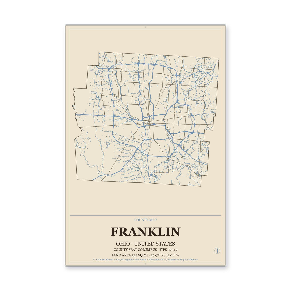 Franklin County, Ohio Map Aluminum Sign in Heritage Nautical style