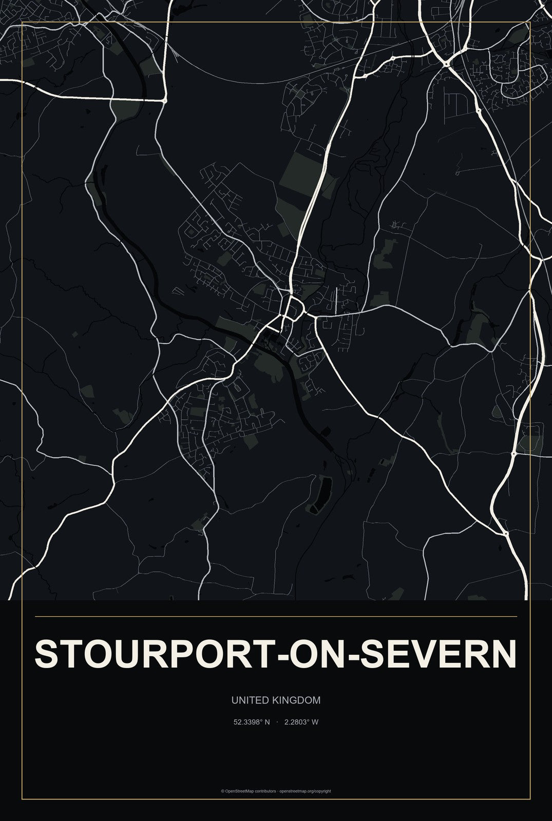 Stourport-on-Severn, United Kingdom City Map Aluminum Sign in Metropolitan Noir style