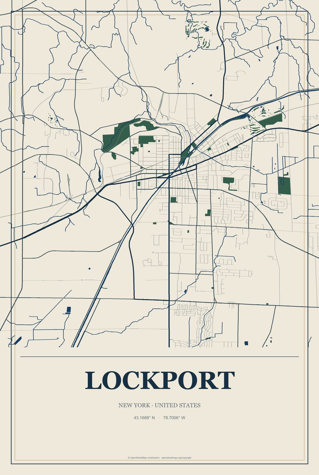 Lockport, New York City Map Aluminum Sign in Coastal Cutout style