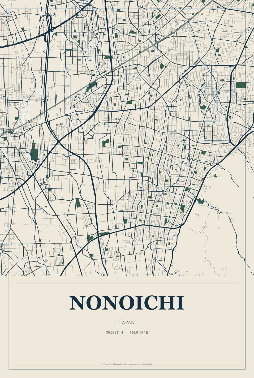 Nonoichi, Japan City Map Aluminum Sign in Coastal Cutout style
