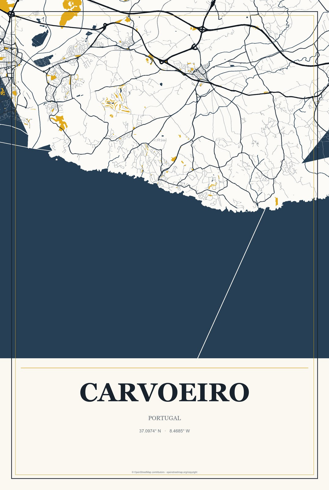 Carvoeiro, Portugal City Map Aluminum Sign in Citrine Modern style