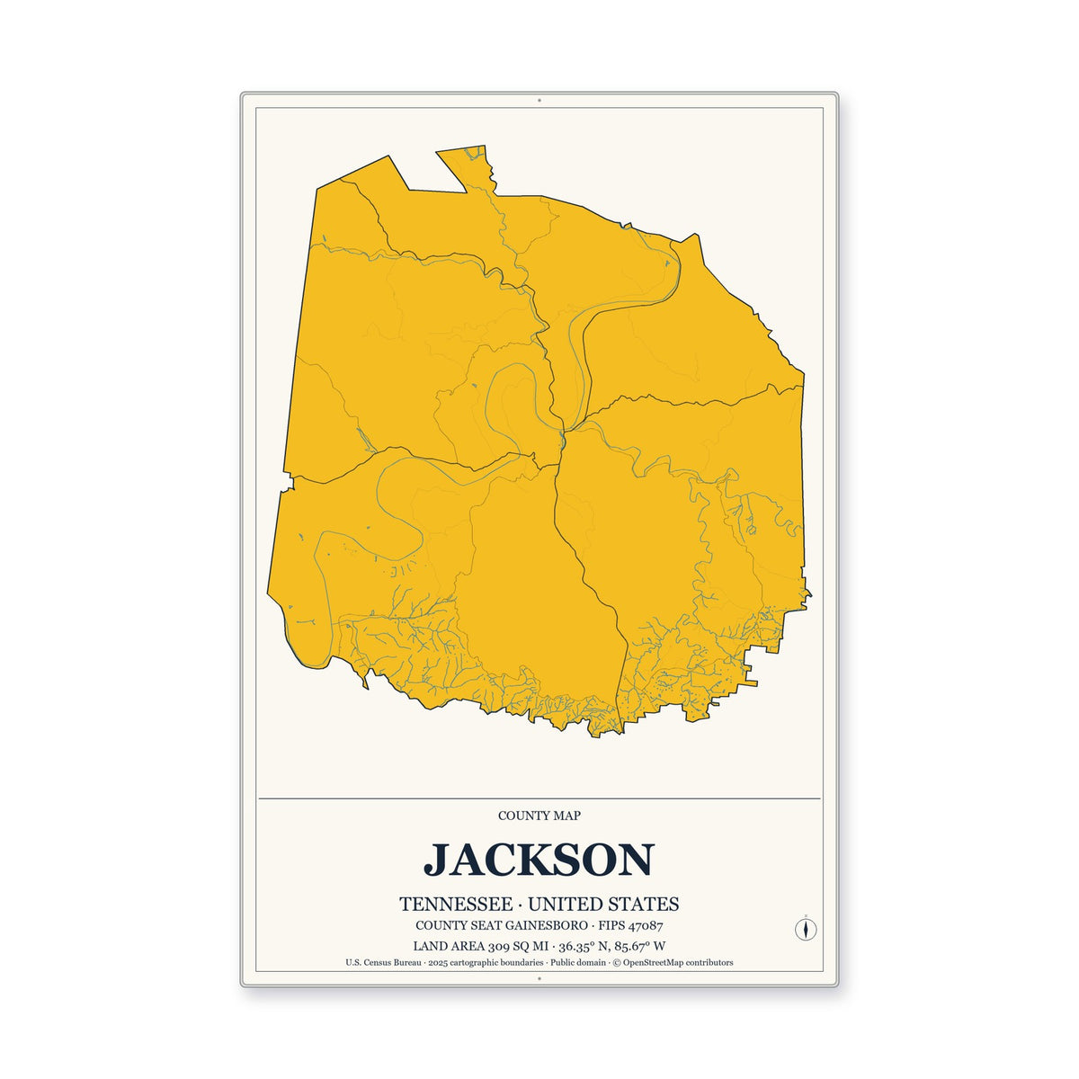Jackson County, Tennessee Map Aluminum Sign in Citrine Modern style