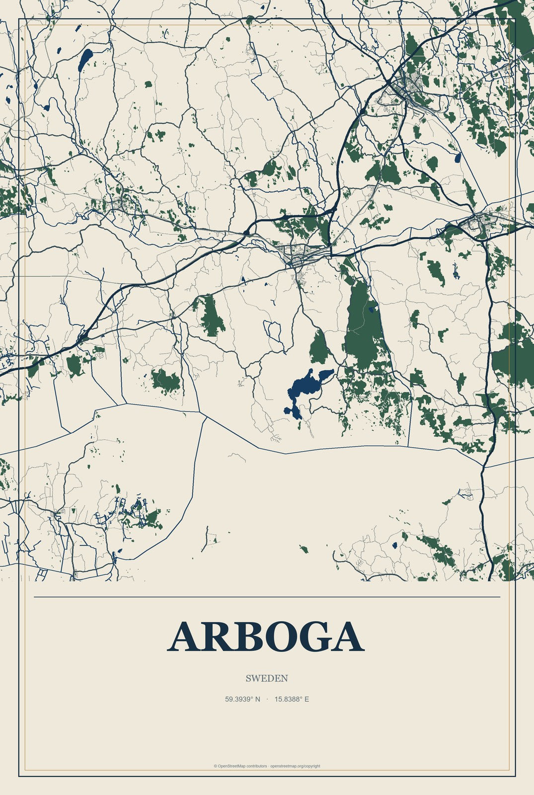 Arboga, Sweden City Map Aluminum Sign in Coastal Cutout style
