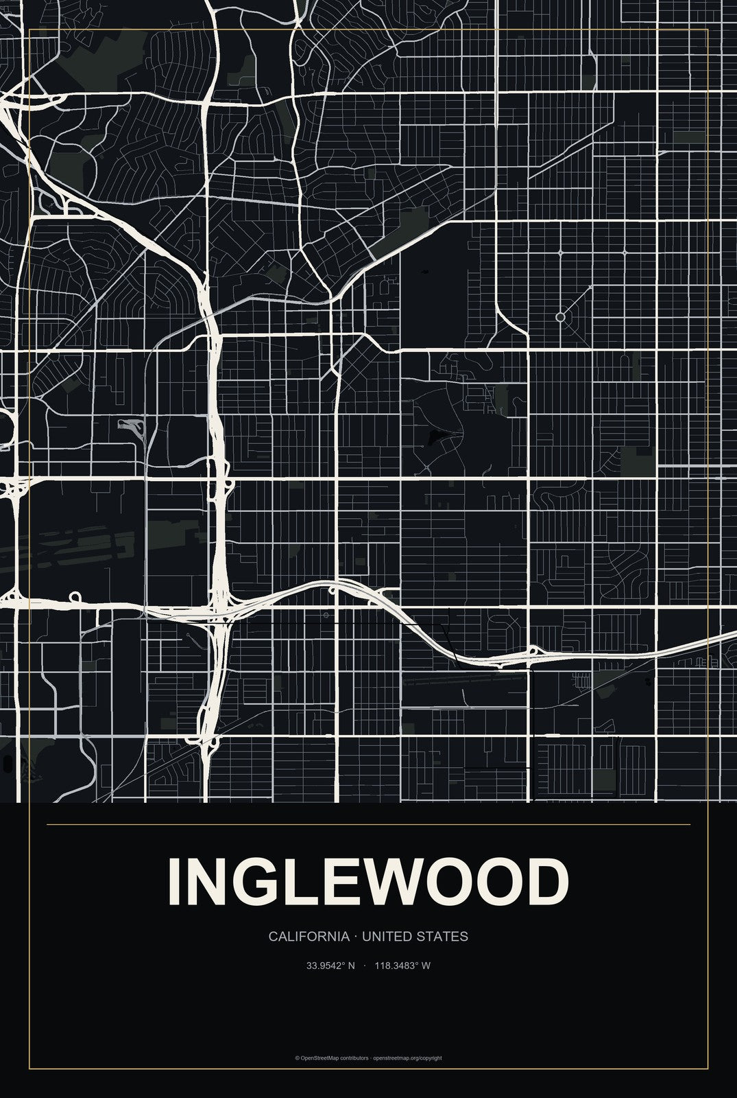 Inglewood, California City Map Aluminum Sign in Metropolitan Noir style