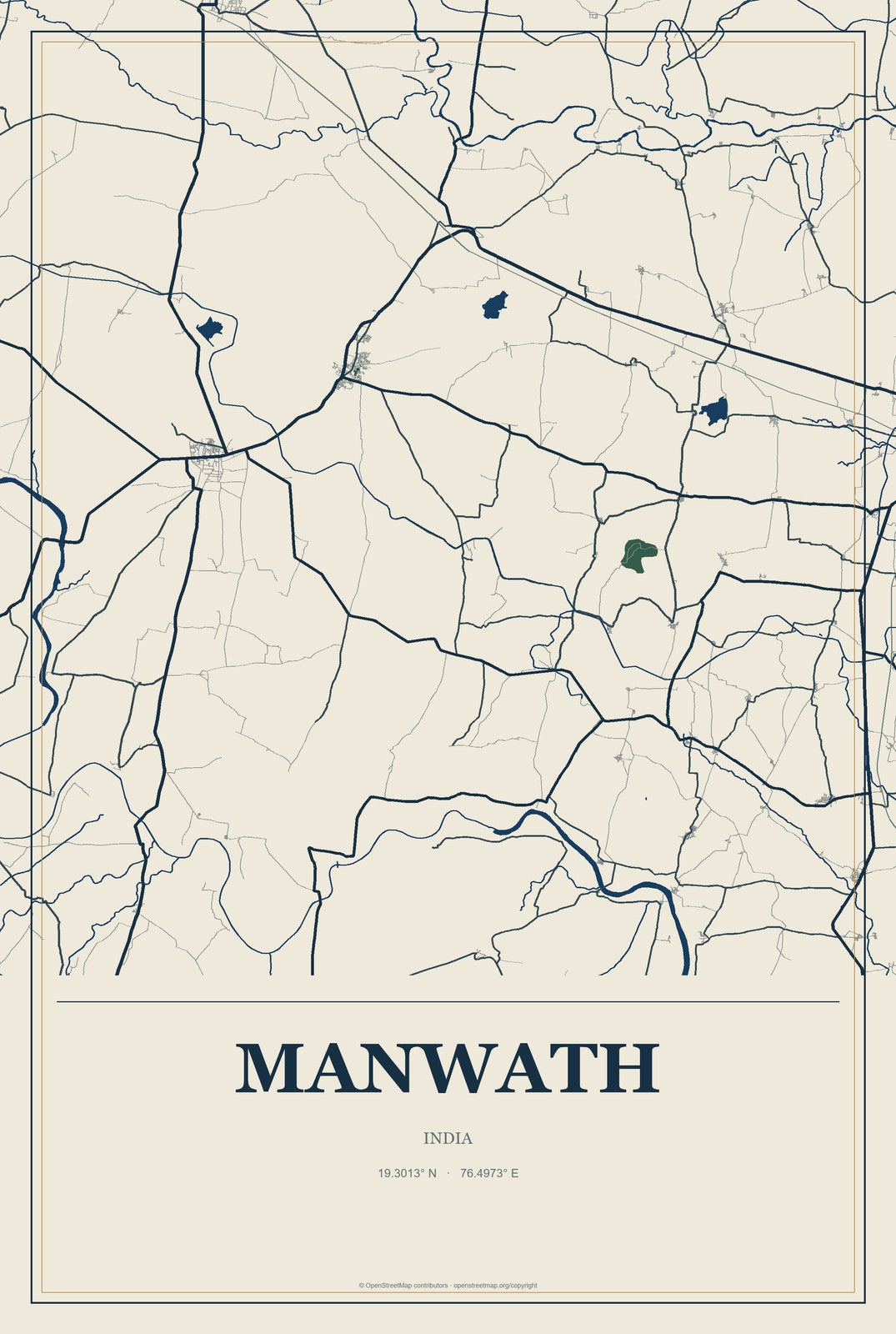 Manwath, India City Map Aluminum Sign in Coastal Cutout style