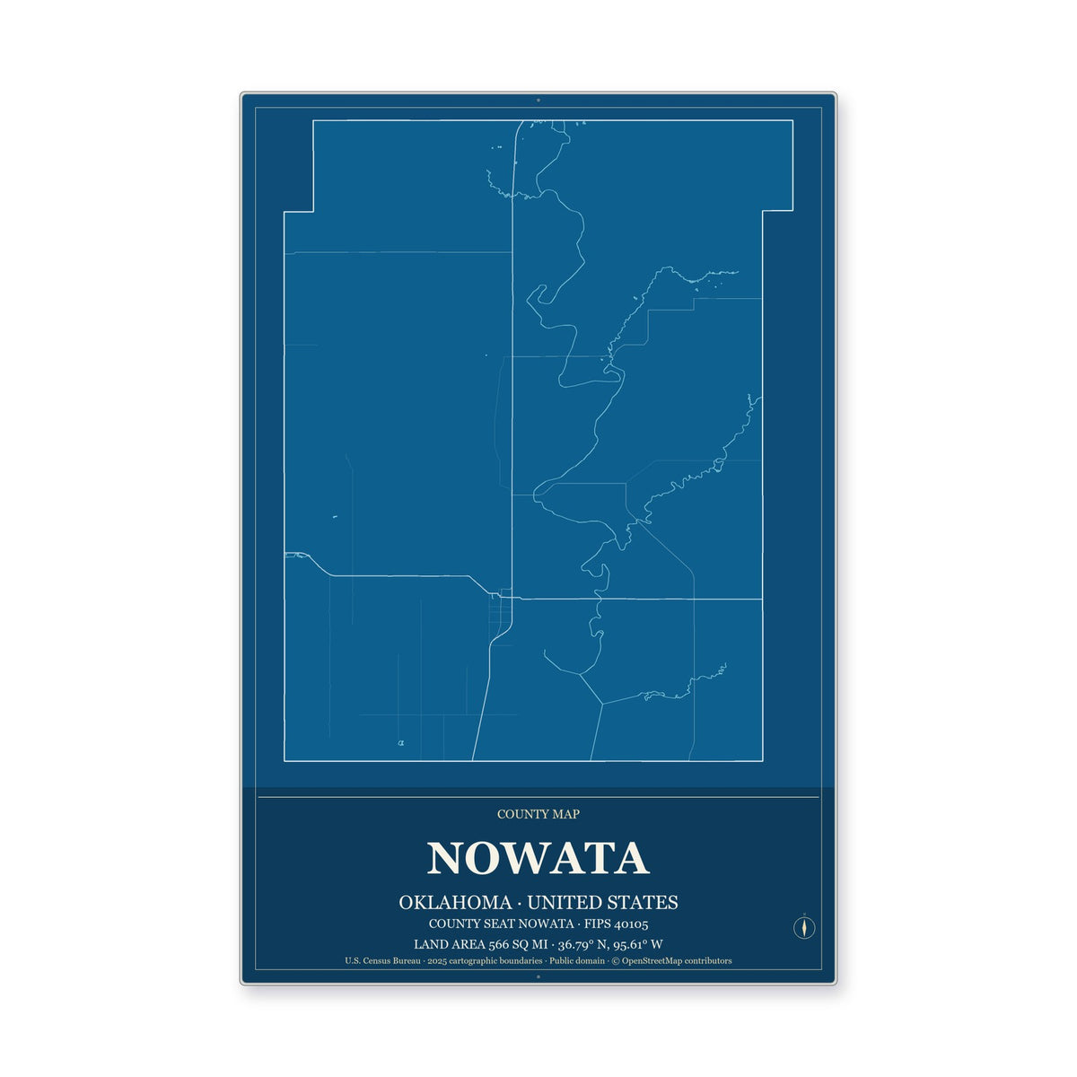 Nowata County, Oklahoma Map Aluminum Sign in Harbor Cobalt style