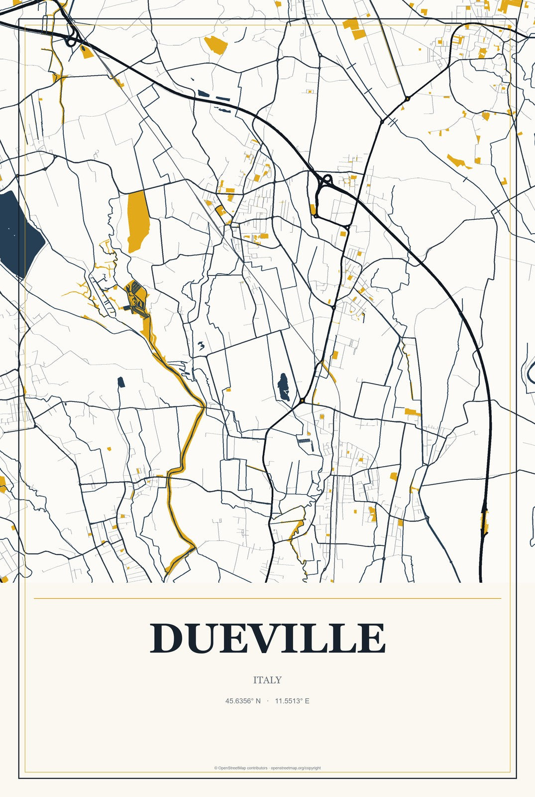 Dueville, Italy City Map Aluminum Sign in Citrine Modern style