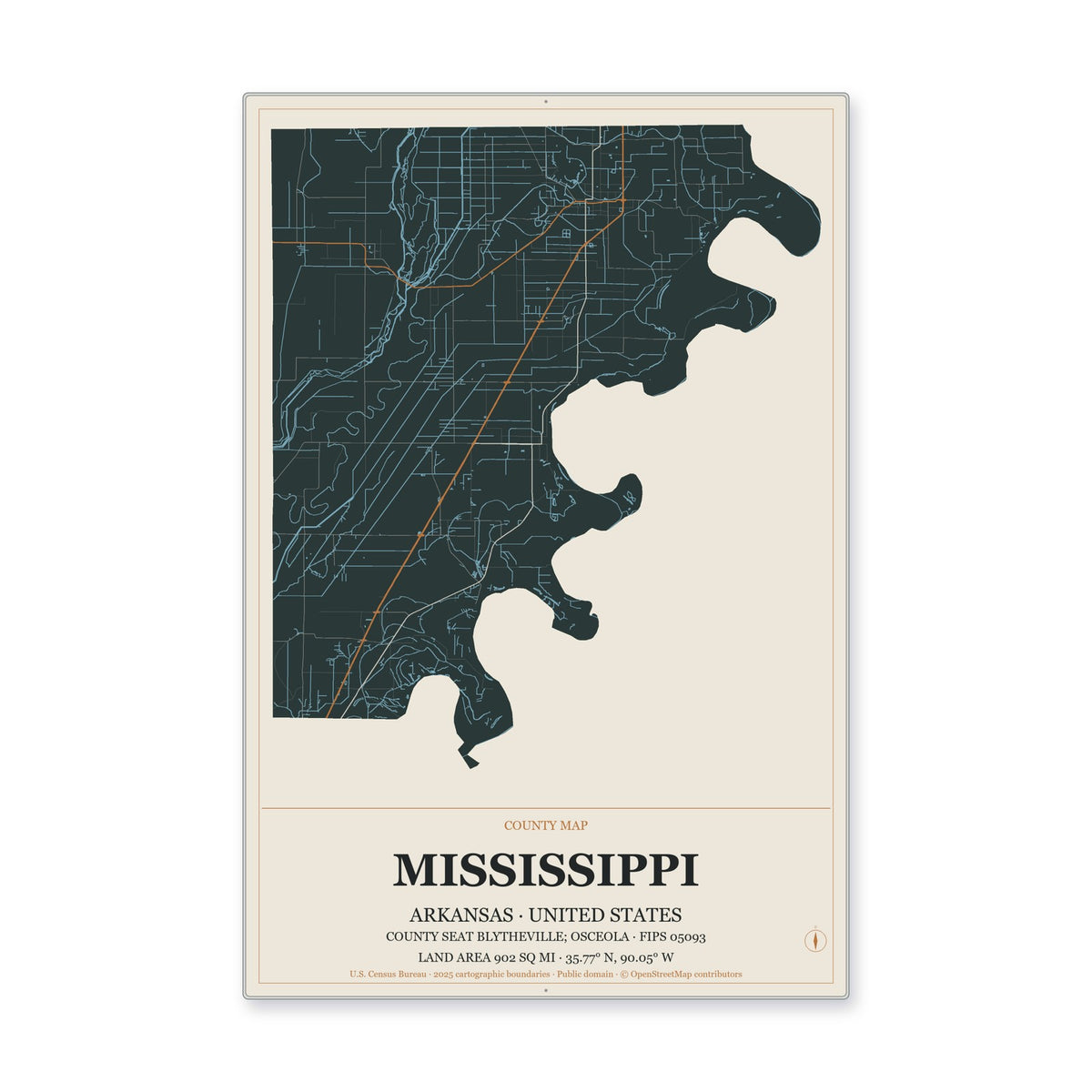 Mississippi County, Arkansas Map Aluminum Sign in Headline Atlas style