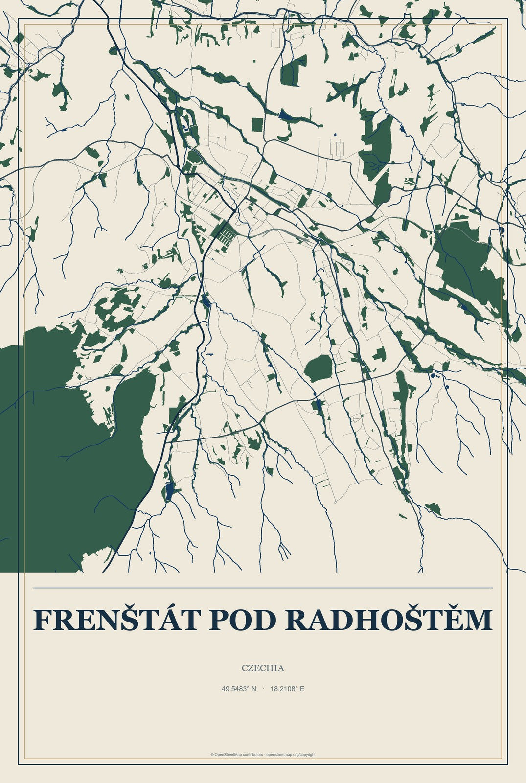 Frenštát pod Radhoštěm, Czechia City Map Aluminum Sign in Coastal Cutout style