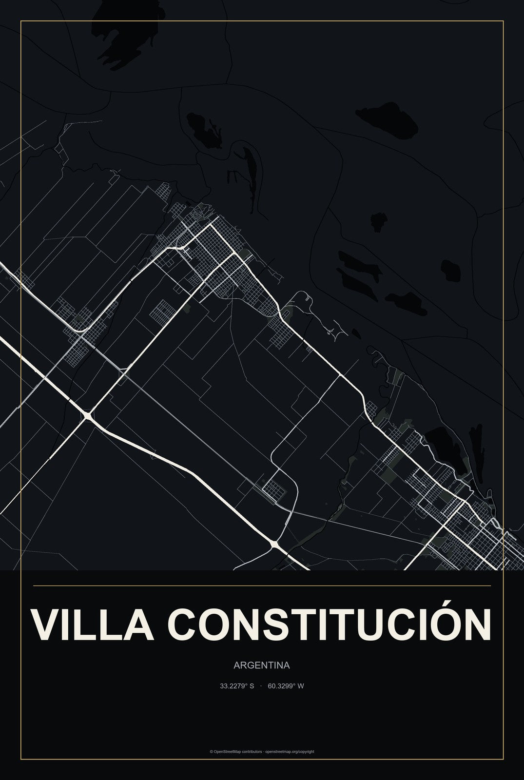 Villa Constitución, Argentina City Map Aluminum Sign in Metropolitan Noir style