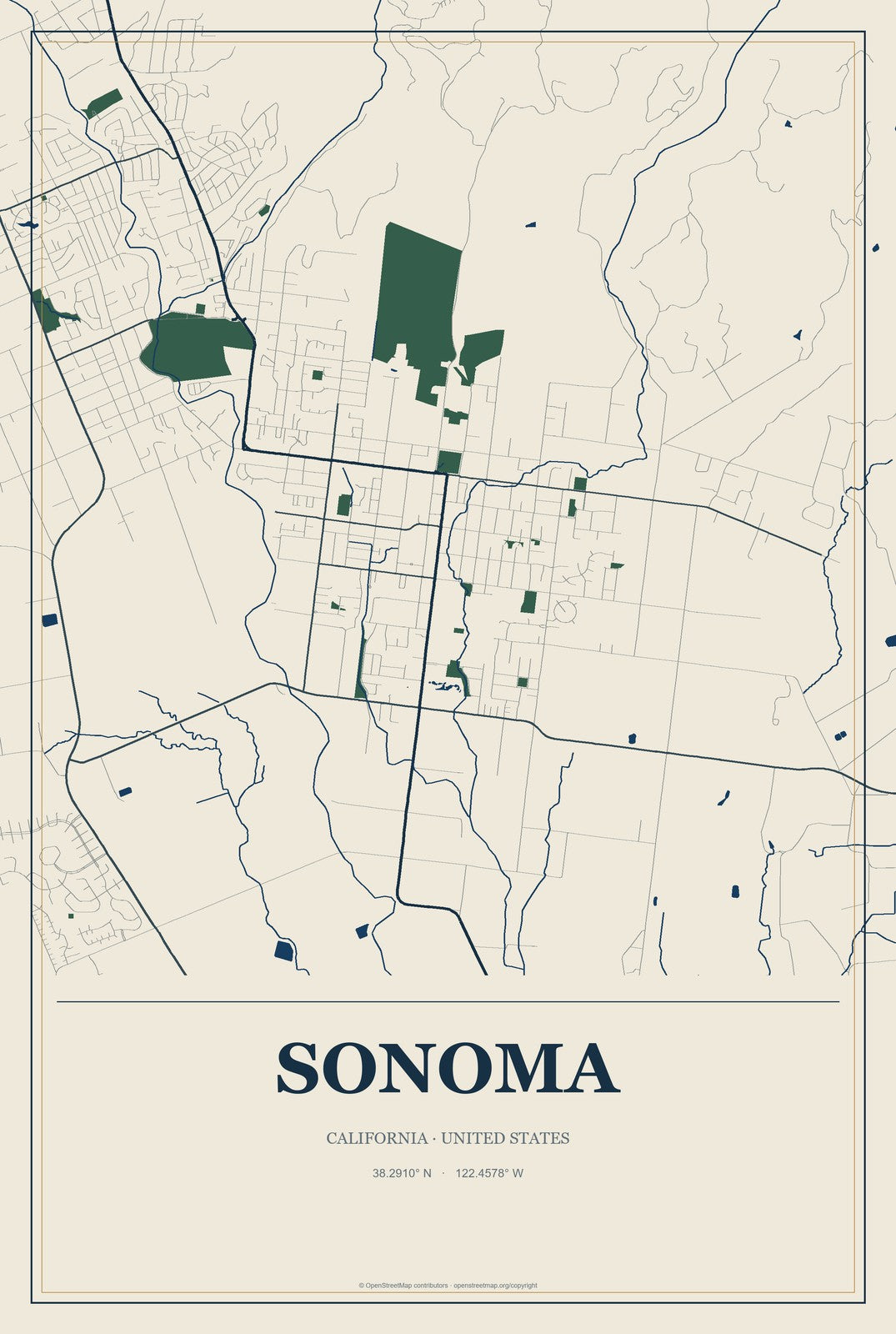 Sonoma, California City Map Aluminum Sign in Coastal Cutout style